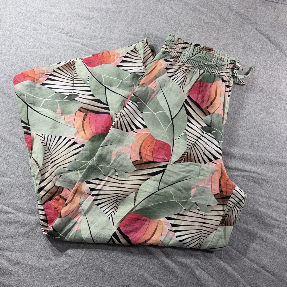 Calia Tropical Leaf Print Linen Blend Wide Leg  Pants Sm Green Flowy Beach